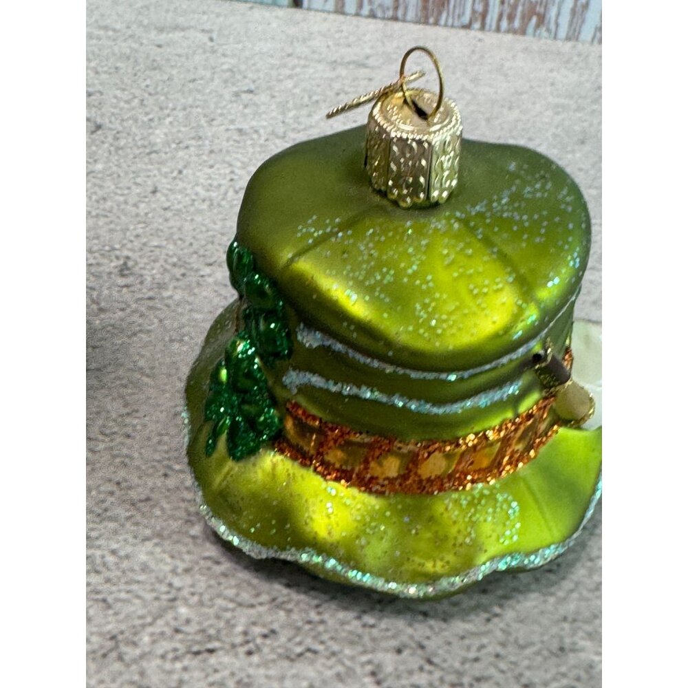 Green Leprechaun Shamrocks Hat Glass Christmas Ornament Old World Christmas - Picture 3 of 8